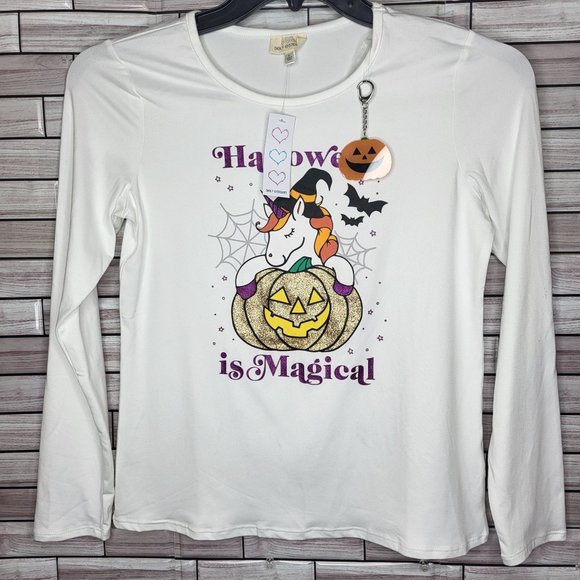 New Girls Self Esteem Shirt Long Sleeve Unicorn Halloween Size L Top White Comfy - Picture 1 of 10